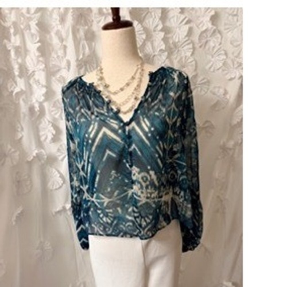 Zara Sheer Blouse Size M - Green Blue and‎ Beige Boho Top